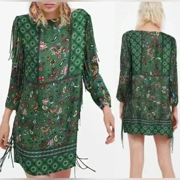 Zara Woman Green Paisley Print Fringe Tunic Dress - Picture 2 of 6
